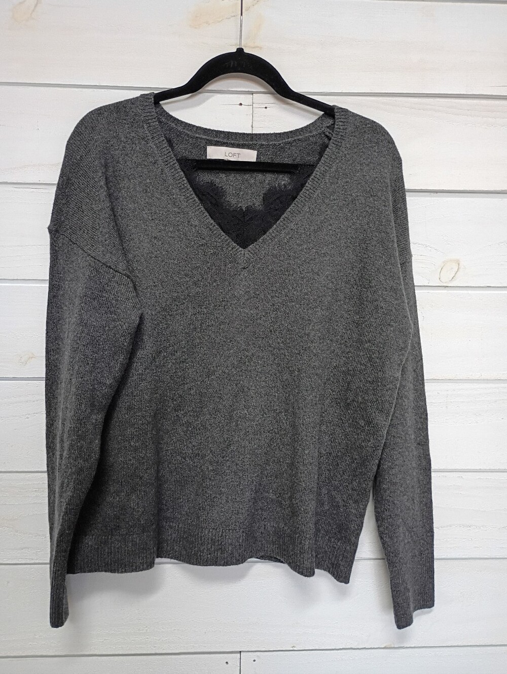 LOFT Charcoal Gray V-Neck Knit Sweater With Lace Accent - Small